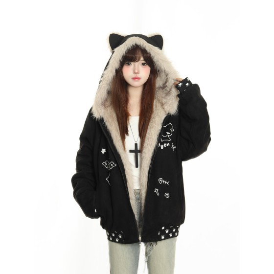 Xiao Hang hasn't had enough yet. Original winter cat embroidery mountain eagle thickened warm cotton coat for men and women, suede fleece jacket.