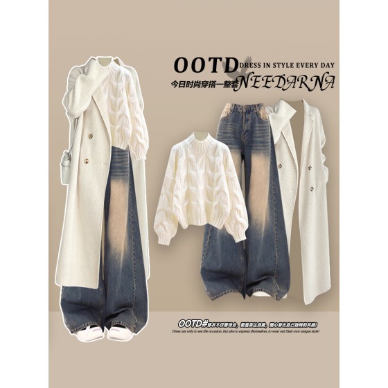 A unique and stunning knitted mini set with a sophisticated Korean style, featuring a high-end autumn/winter coat – a complete three-piece outfit inspired by Korean dramas.