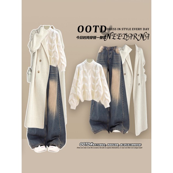 A unique and stunning knitted mini set with a sophisticated Korean style, featuring a high-end autumn/winter coat – a complete three-piece outfit inspired by Korean dramas.