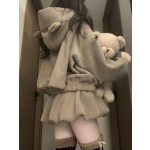 Women's 2025 New Winter College Style Thick Bear Jacket and High-Waisted Tulip Shorts Two-Piece Set