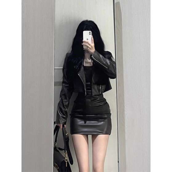 Hot Girl Short Black Leather Jacket for Women, 2025 Spring and Autumn New Style, High-End Petite PU Leather Jacket Top