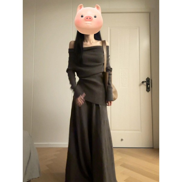 2026 New Style Elegant Off-Shoulder Dress for Women, Autumn/Winter, Korean Style Relaxed Fit, Complete Long Dress Set