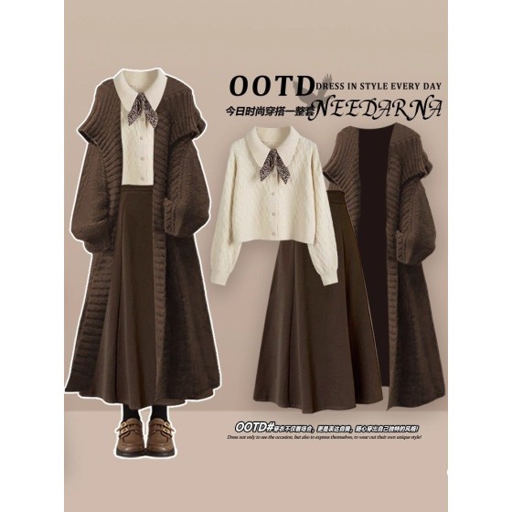 A gorgeous autumn French-style dress; a complete Chanel-inspired sweater and dress outfit for late autumn and winter.