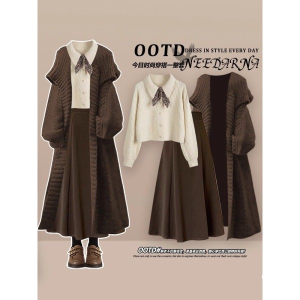 A gorgeous autumn French-style dress; a complete Chanel-inspired sweater and dress outfit for late autumn and winter.