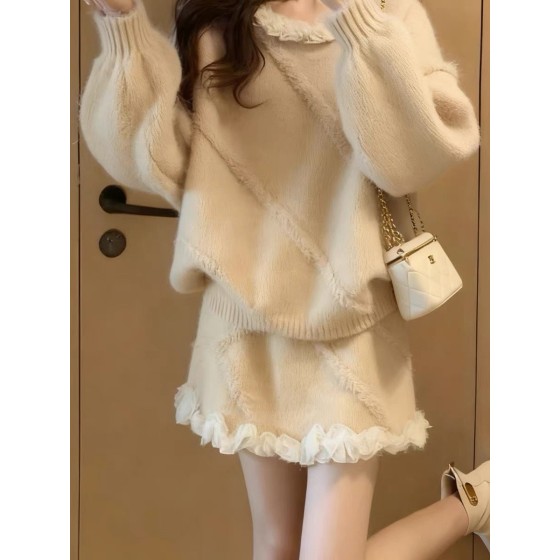 A complete autumn/winter outfit: a super trendy and unique Chanel-inspired knit sweater and dress set perfect for 2025.