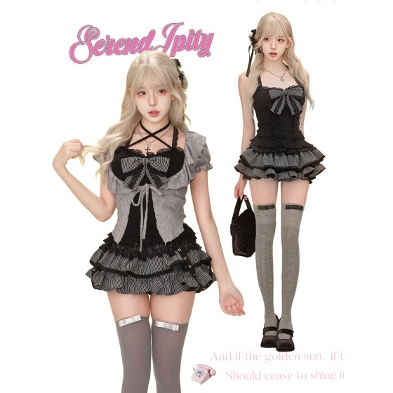 [Light Gothic] Twilight Songs Autumn/Winter Set: Black Lace Camisole + Gray Knit Cardigan + Short Skirt