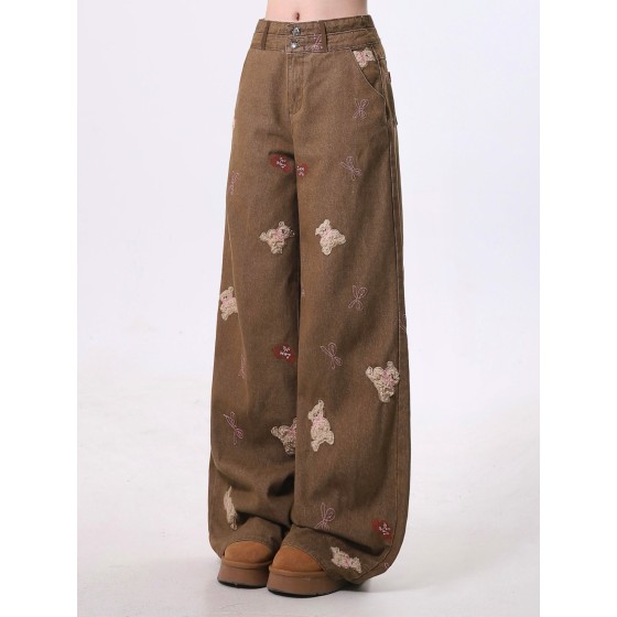 Rayohopp women's embroidered bear jeans, fleece-lined and thickened, autumn and winter style, American retro wide-leg pants, trendy.
