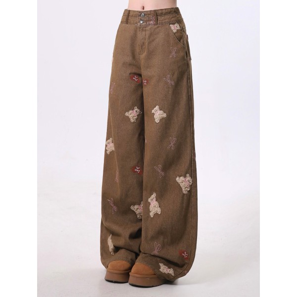 Rayohopp women's embroidered bear jeans, fleece-lined and thickened, autumn and winter style, American retro wide-leg pants, trendy.