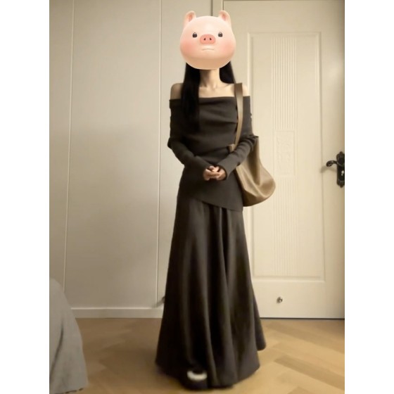 2026 New Style Elegant Off-Shoulder Dress for Women, Autumn/Winter, Korean Style Relaxed Fit, Complete Long Dress Set