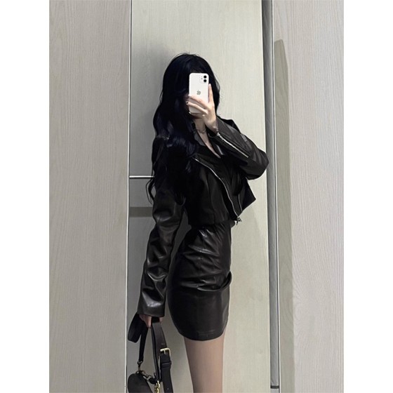 Hot Girl Short Black Leather Jacket for Women, 2025 Spring and Autumn New Style, High-End Petite PU Leather Jacket Top