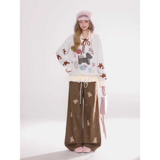 Rayohopp women's embroidered bear jeans, fleece-lined and thickened, autumn and winter style, American retro wide-leg pants, trendy.